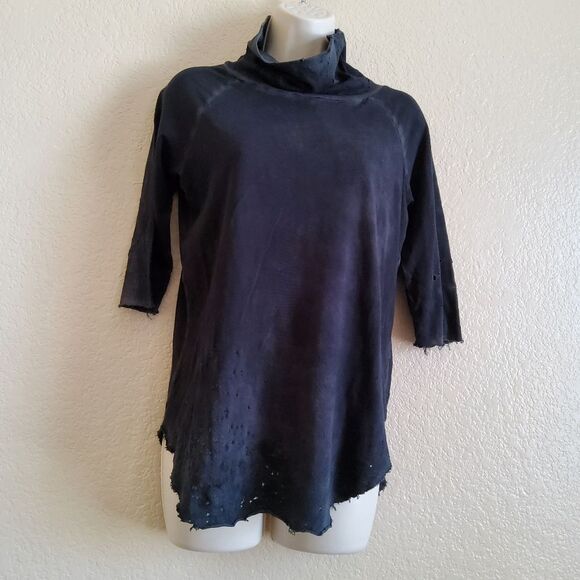 NWOT Black Cashmere Distressed Distroyed Ripped Turtleneck Jersey Knit Top S - Picture 2 of 9